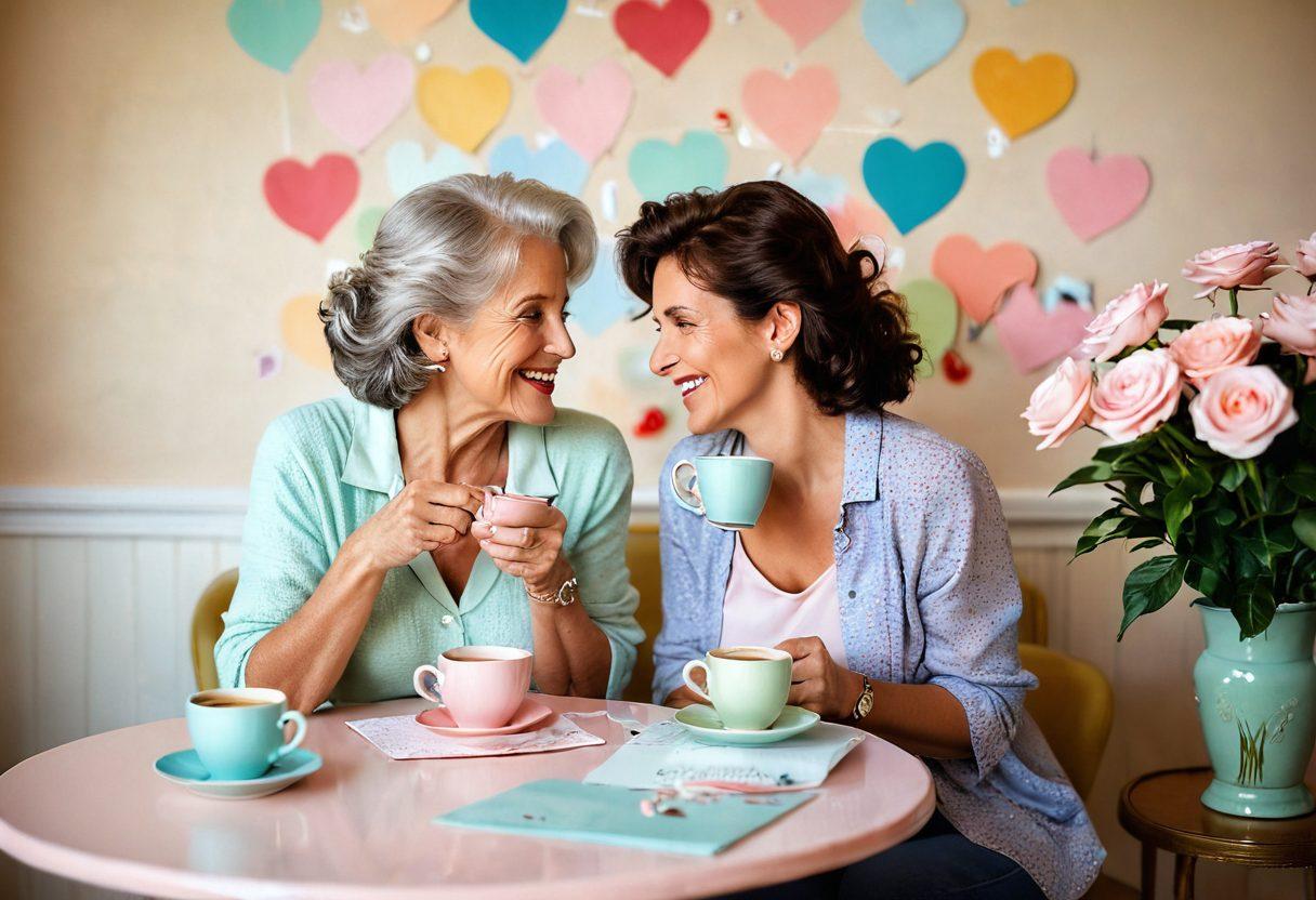 A warm, inviting scene of two mature individuals engaged in playful, flirty correspondence, surrounded by soft pastel colors. Incorporate elements like vintage love letters, coffee cups, and gentle laughter, symbolizing connection and intimacy. Include subtle heart motifs in the background to reinforce the theme of romance and attraction. soft focus. vibrant colors. cozy atmosphere.