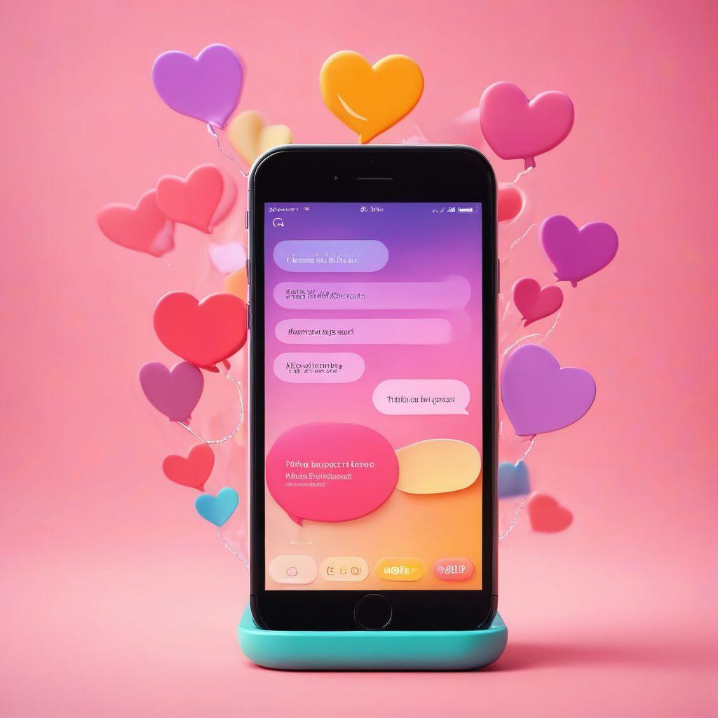 A playful and inviting smartphone screen with flirtatious text messages popping up in colorful speech bubbles, set against a soft, romantic background of hearts and pastel colors. Include an open diary and a cup of steaming coffee beside it, symbolizing intimacy and connection. The overall mood should feel light and fun, enticing the viewer to explore the art of flirty communication. vibrant colors. soft focus.