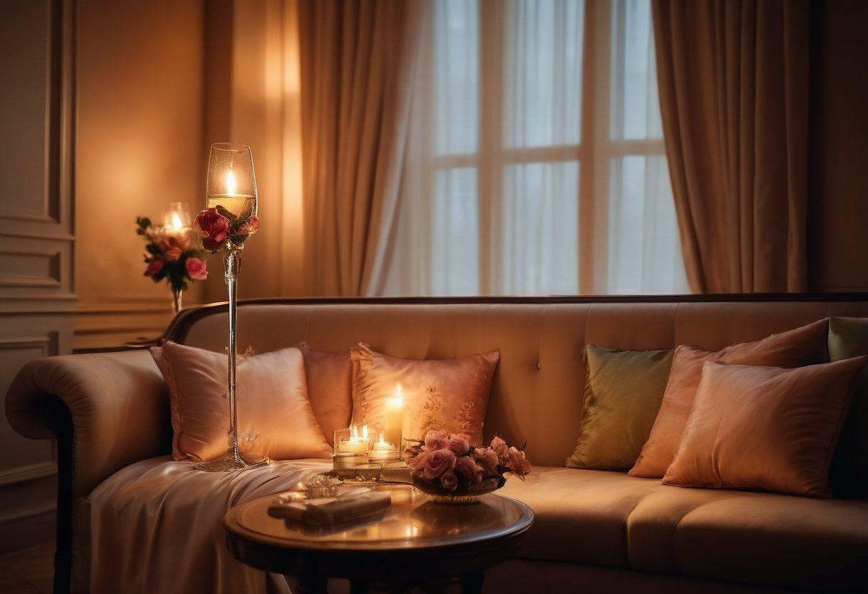A captivating, dimly lit room adorned with soft silk curtains and a plush sofa, where a diverse group of people are exchanging handwritten letters in an intimate, discreet setting. Elements of anticipation and excitement are illustrated through warm candlelight and elegant stationary. Include subtle hints of sensuality without explicit content, such as roses and champagne flutes. soft focus. romantic atmosphere. moody lighting. digital art.